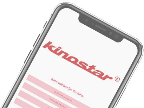 Kinostar App auf einem Smartphone vor grauen Lichtstreifen